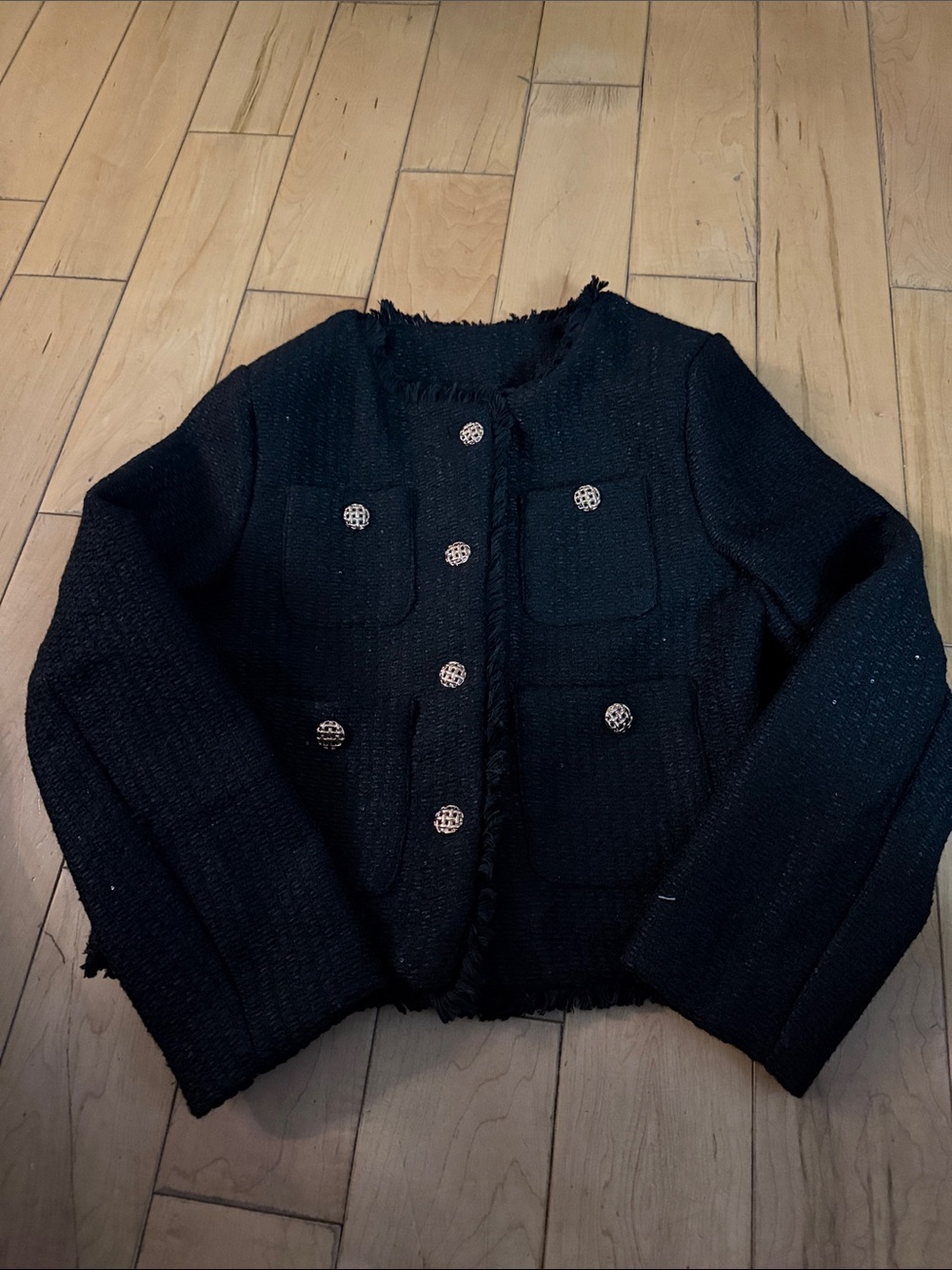 Classic Black Bouclé Jacket with Decorative Buttons